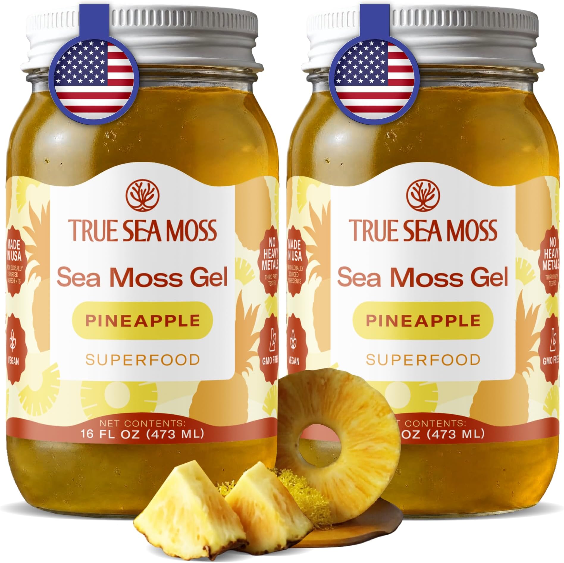 TrueSeaMoss Sea Moss Gel – Made in USA – Wildcrafted Seamoss, Fruits & Jarred Vegetables – Pineapple, Pack of 2 (Labels may Vary)