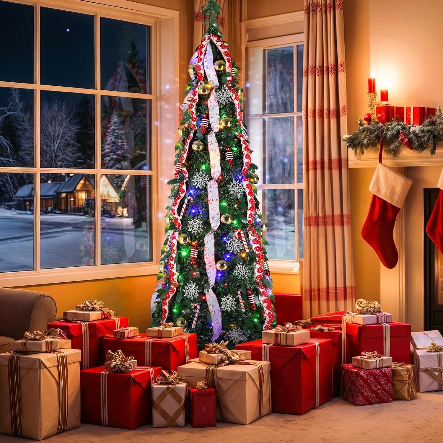 TLSUNNY 6FT Pop Up Christmas Tree, Pre Lit Decorated W/150 Warm White & Colored Lights, Collapsible Artificial Christmas Tree w/Remote, Brightness Adjustment, Timing, 11 Models, Xmas Holiday Decor