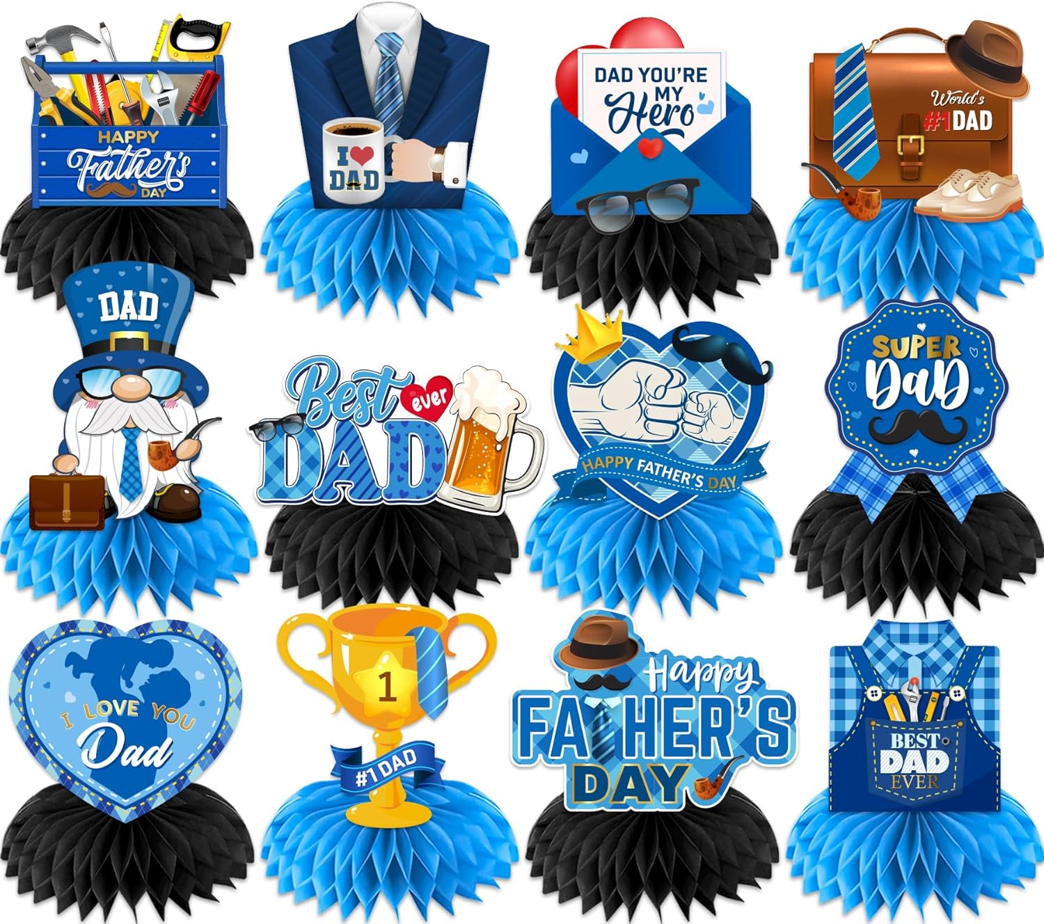Fathers Day Decorations Honeycomb,12pcs Double Sided Fathers Day Centerpieces for Table Best Dad Table Topper for Fathers Day Table Decorations
