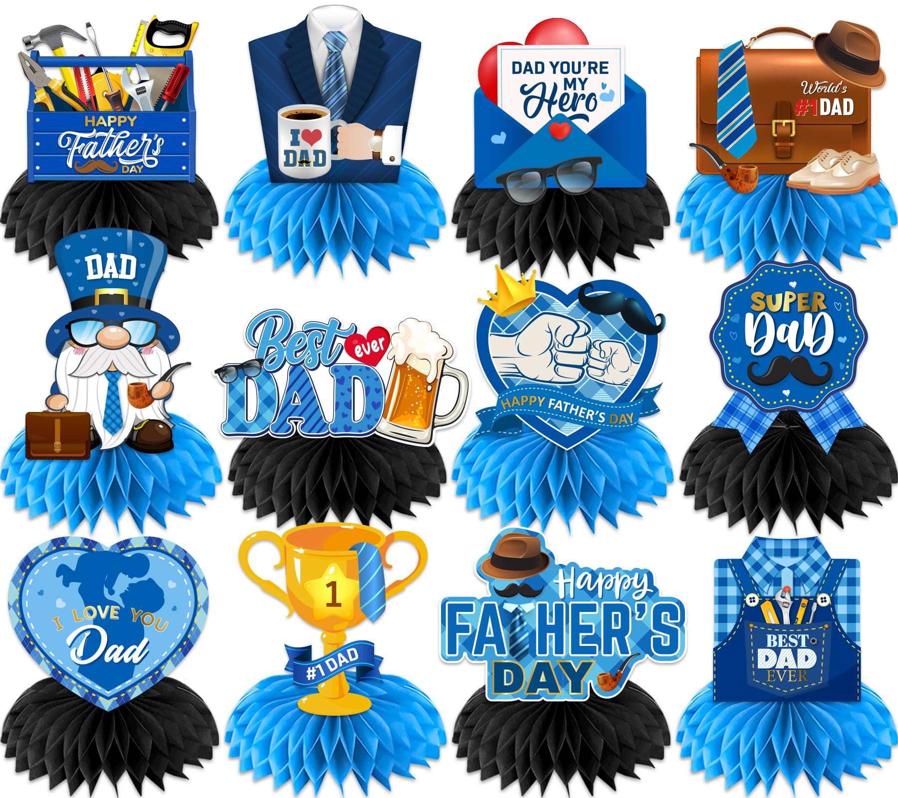 Fathers Day Decorations Honeycomb,12pcs Double Sided Fathers Day Centerpieces for Table Best Dad Table Topper for Fathers Day Table Decorations
