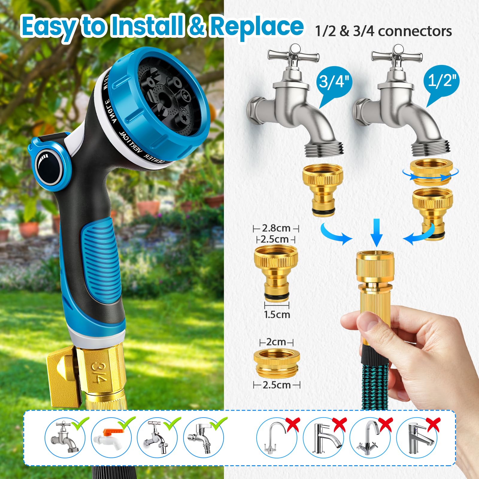 Viosmut Expandable Garden Hose Pipe 15m 50ft, Retractable Hosepipes for Garden with 10 Functions Spray Gun, Expanding Magic Water Hose Attachments 3/4"&1/2" Brass Connectors, Flexible Hose Anti-Kink - 4
