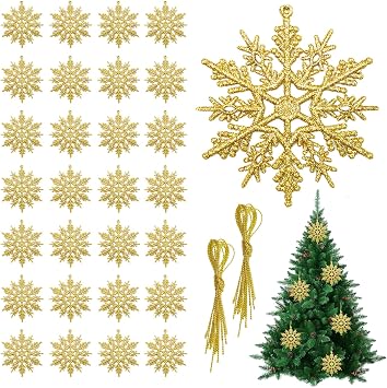 24 Stück Weihnachts-Hängedekorationen10 cm Glitzernde Schneeflocken zum Aufhängen Glitzernde Schneeflocken-OrnamenteWeihnachtsbäumeHängedekorationen für Neujahrs-Weihnachtsparty(Gold)