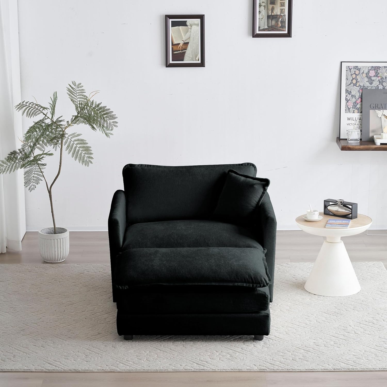 Eafurn Chenille Upholstered Accent Chair Lounge Armchair with Movable Ottoman, Comfy Oversized Single Armchair Cozy Reading Lounger Chair Leisure Convertible Chaise Daybed for Living Room Apartment