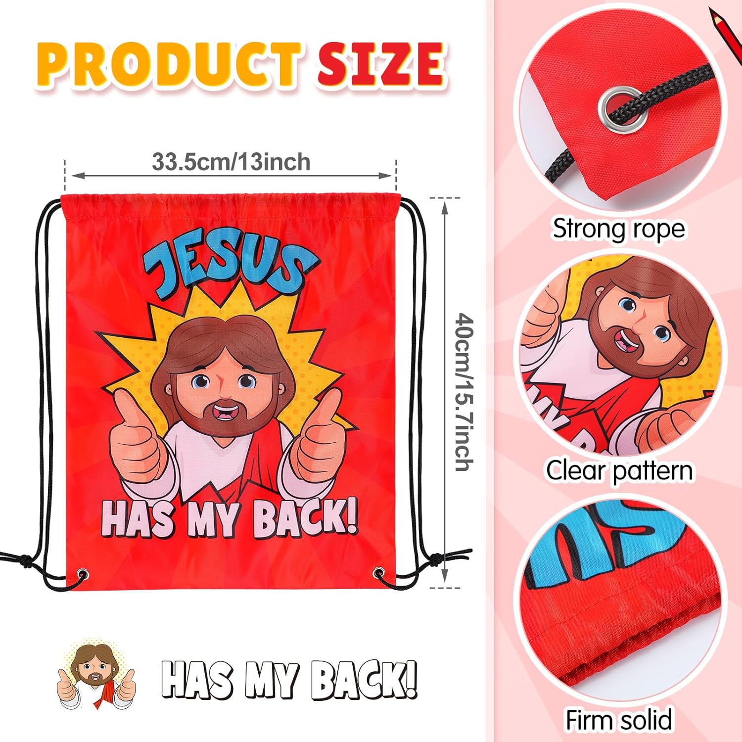24 Pcs Christian Gift Bags Bulk Religious Drawstring Bags, Jesus Has My Back Backpacks for Sunday School, Bible Drawstring Backpack Graduation Church Camp Party Favors