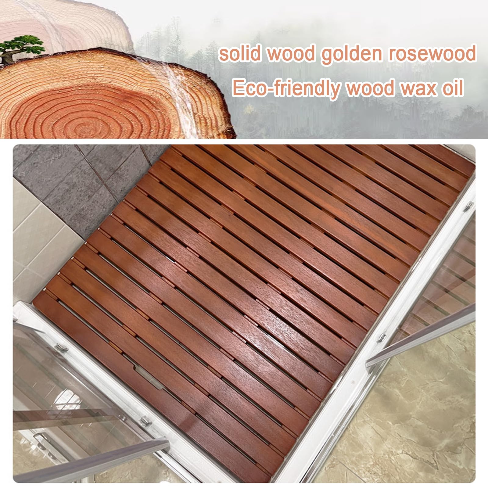 rutschfeste Bambus-Badematte für Duschraum, rot-walnussfarben, rechteckig, wasserdicht, aus Bambusgewebe, für Bad und Wellnessbereich (130 x 55 cm)
