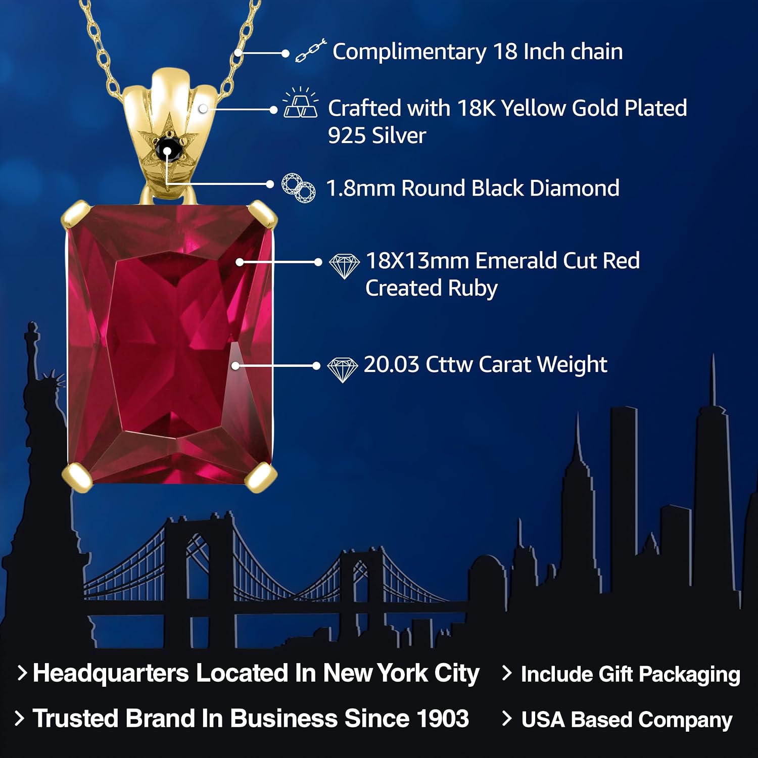 Gemstone Birthstone and Diamond Pendant Necklace in 18K Yellow Gold Plated Silver | Emerald Cut 18X13MM Center Stone & Round 1.8MM Accent | Fine Jewelry Gifts for Her Mom Women Wife | 18 Inch Chain