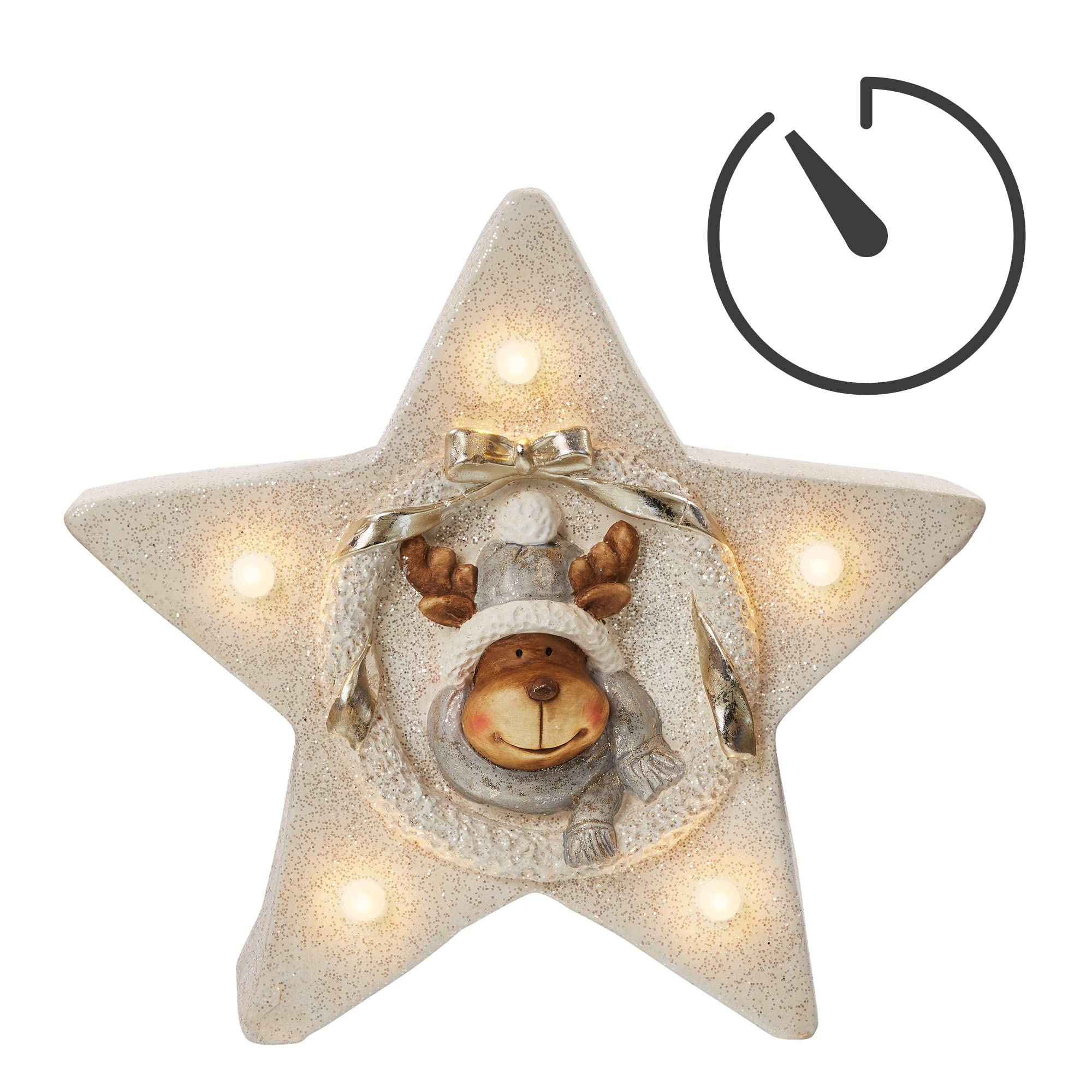 Hellum LED Dekofigur Stern mit Rentier, mit Timer, Weihnachten, warmweiß, batteriebetrieben (3xAA Nicht inkl.), 52x45x25cm, für Innen, Winter-Dekoration, 524048