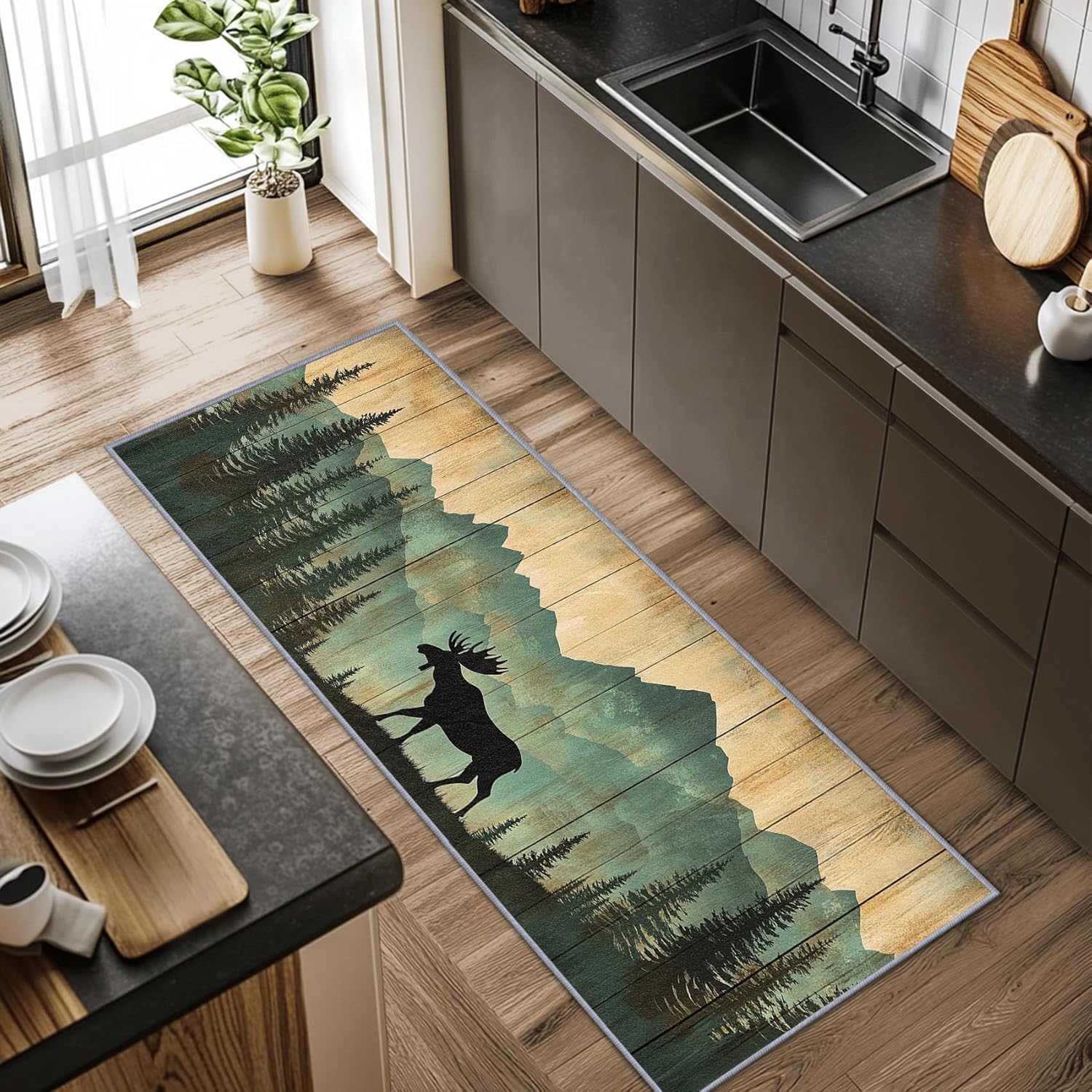Moose Rugs for Kitchen, Moose Runner Rug, 2x6ft, Rustic Nature Landscape Wildlife Runners for Hallways, Cabin Animal Lodge Runner Rug Non Slip Soft - Moose Home Decor
