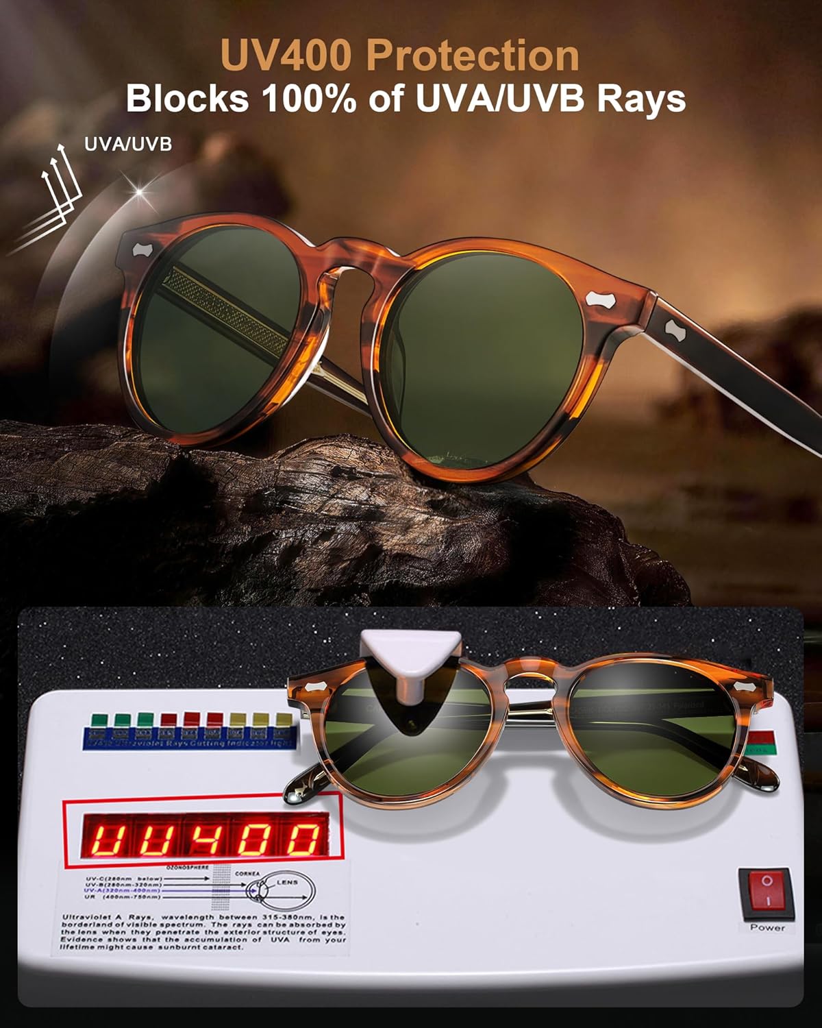 CARFIA Retro Acetate Polarized Sunglasses for Men UV Protection, Vintage Round Frame Eyewear with Gold Filigree CA5506 - Image 6