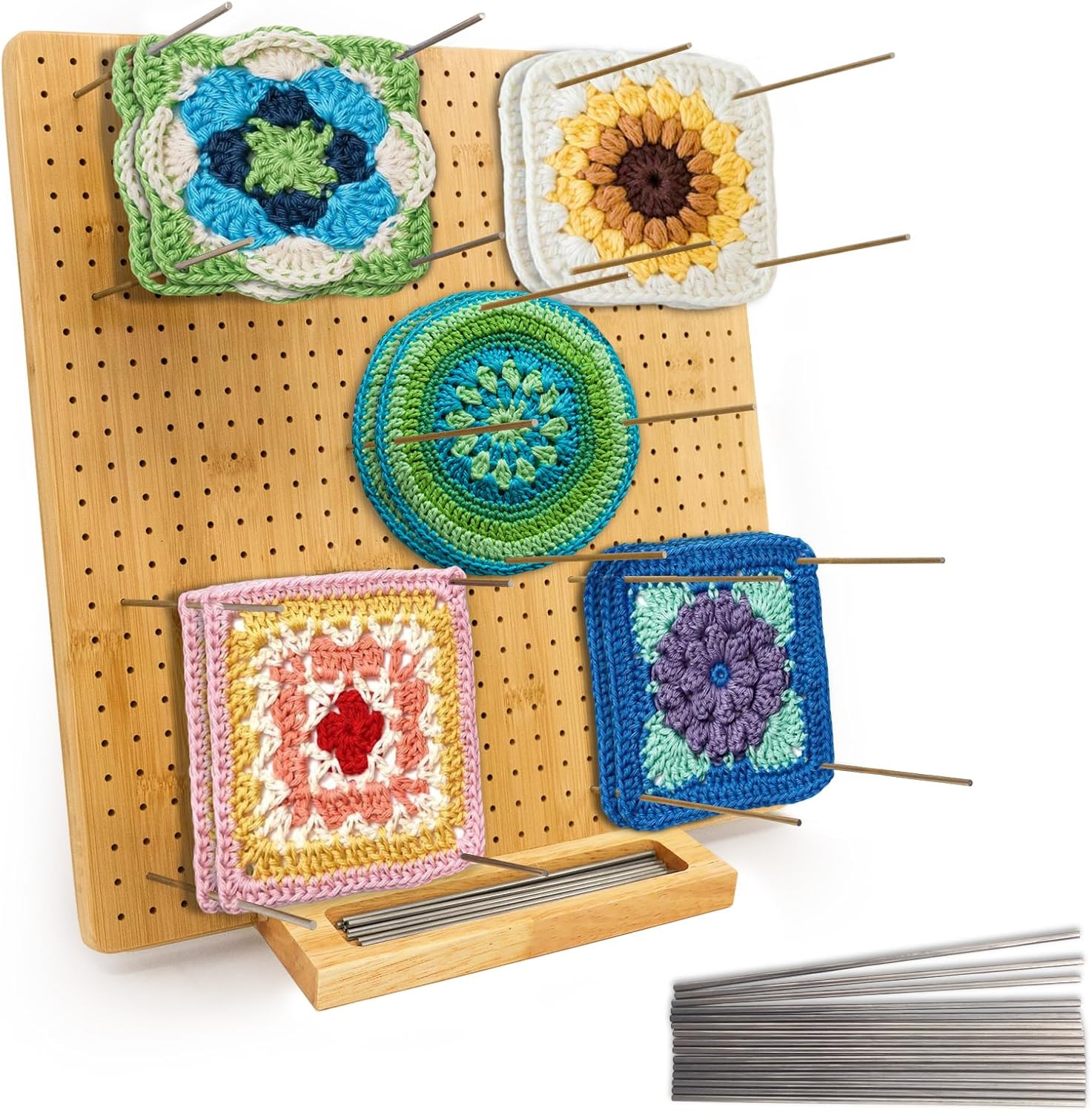Iswabard 15'' Blocking Board for Crocheting with 15 Stainless Steel Rods Crochet Blocking Board Large Base Bamboo Granny Square with Pegs, Gifts for Crocheters,15x15 Inch Blocking Mats (15'')