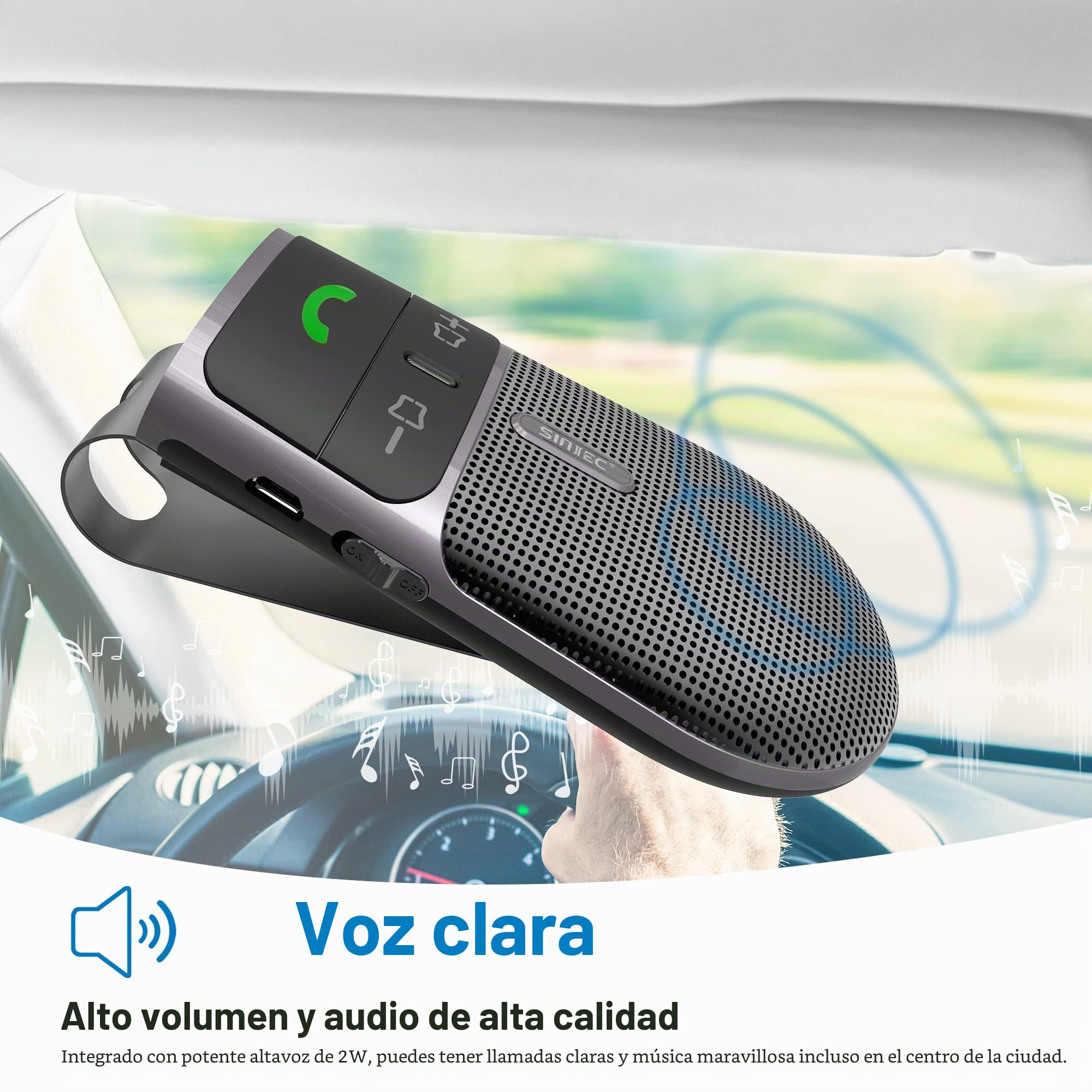 Manos Libres Coche 5.0,Soporte Siri y Asistente,Encendido Automático,Indicaciones de Voz,Música,Manos Libres Coche Bluetooth Conexión de 2 Teléfonos Simultáneamente con Clip de Visera-BC920SA