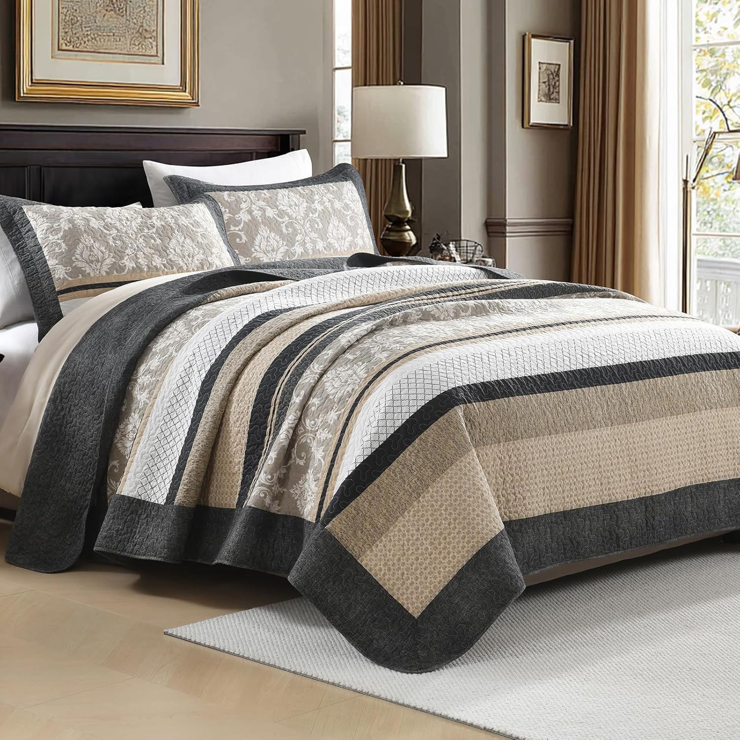 100% Cotton King Quilt Set, Quilted Bedspreads for King Bed, Farmhouse Vintage Striped Reversible Bedding Set, Lightweight Soft Thin Comforter, 3 Pieces, Charcoal/Gray/Beige