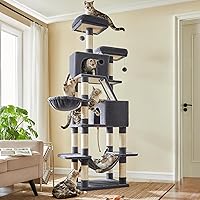 Feandrea 81.1-Inch Large Cat Tree Tower - Multi-Level Plush Condo with 14 Scratching Posts, 2 Perches, Caves, Hammock, Pompoms, Smoky Gray UPCT190G01