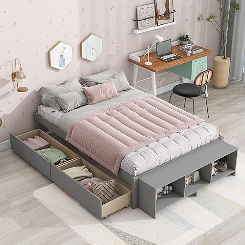 Miniatura 4 de Lakifun Cama de plataforma de tamaño matrimonial con estuche de almacenamiento y 2 cajones, marco de cama de madera maciza con listones de soporte