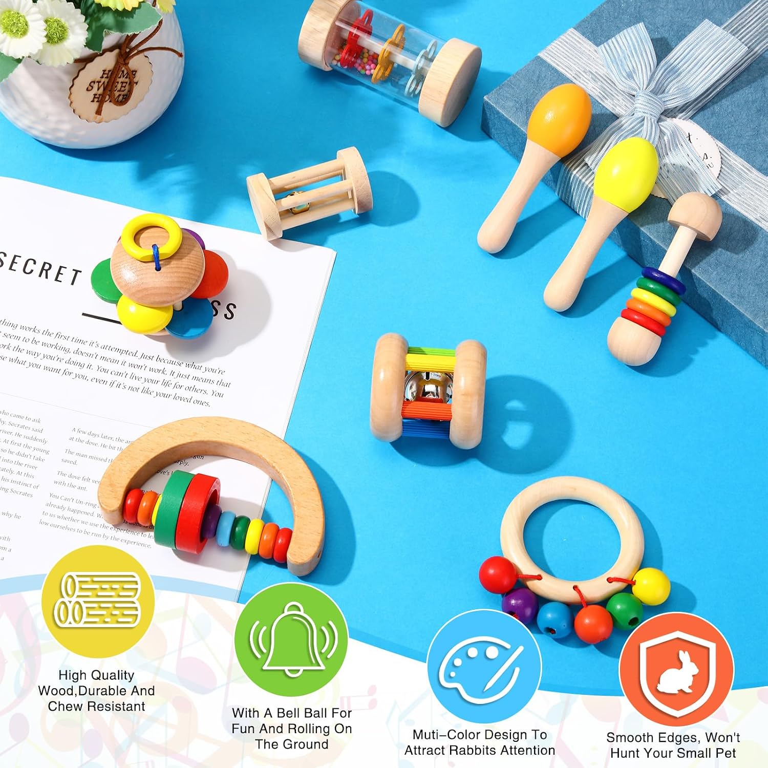 Halloscume 9 Pcs Wooden Bunny Toys, Rabbit Toys for Bunnies Boredom, Safe Rabbit Toy, Multi Colored Teeth Grinding Toy for Chinchillas Hamsters Small Animals Playing Indoor Outdoor Bunny Gifts image 3