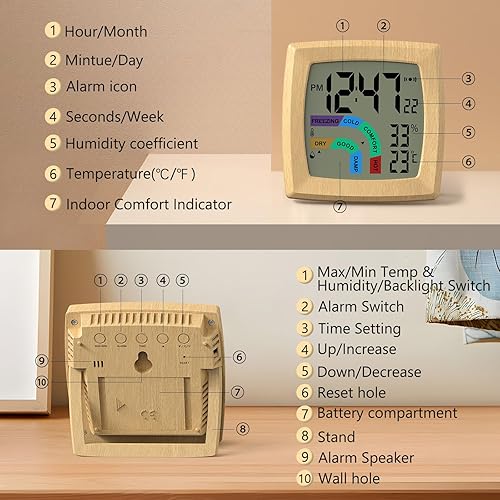Miniatura 7 de VOILEIPAGI Reloj despertador de viaje con retroiluminación automática, despertador alimentado por batería, temperatura y humedad, segunda, fecha,