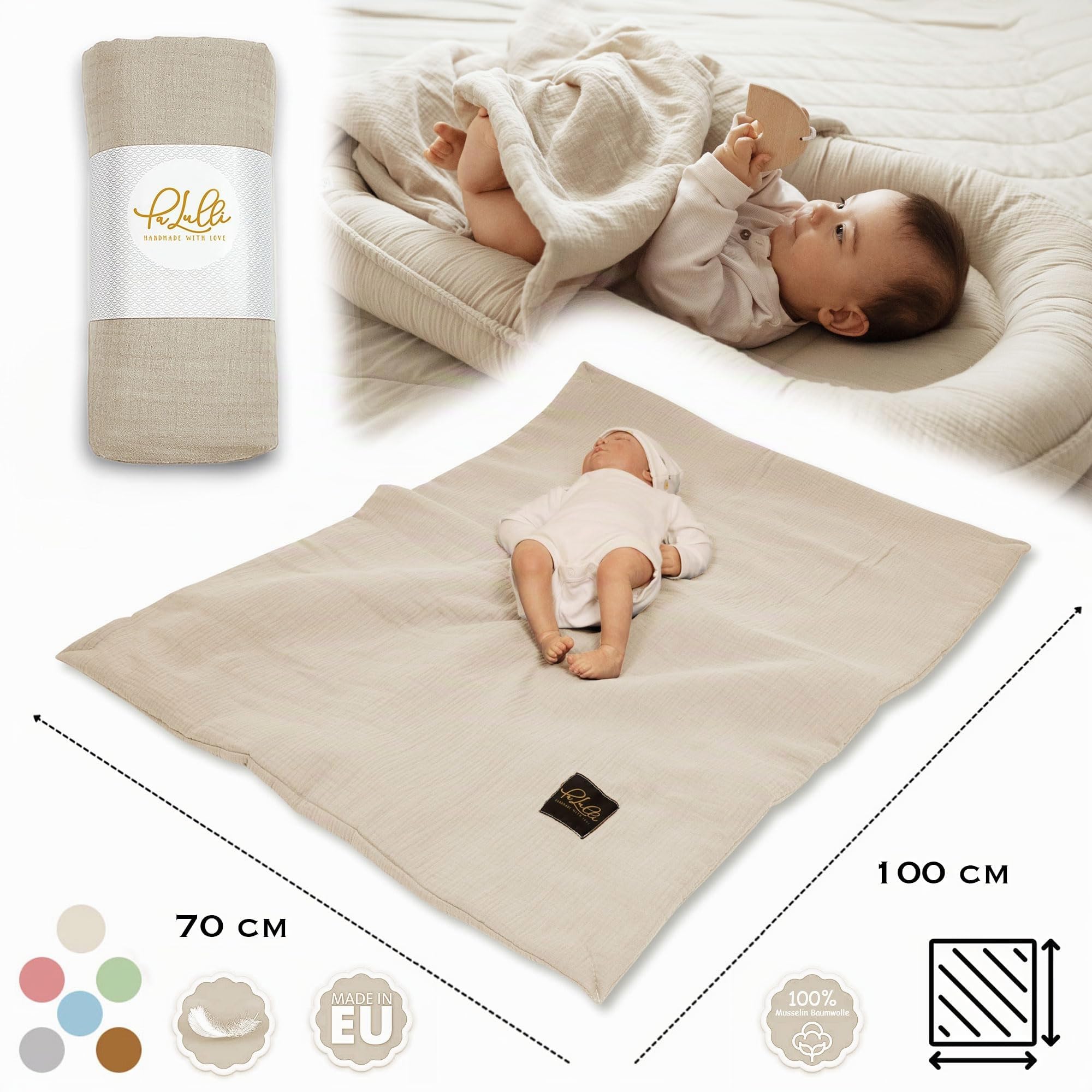 PaLulli® Nid bébé 2 en 1 en Mousseline de Coton – avec Couverture et Matelas Lavable | Cocon Douillet 100x60 cm | Fabriqué en Europe | Réglable et Respirant (Beige)