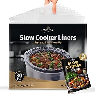 30 Pack Slow Cooker Liners – Large 13” x 21” BPA-Free Crock Pot Bags – Fits 3–10 Quart Round & Oval Cookers – Disposable Crock Pot Liners for Effortless Home Cooking & Fast Clean Up, Bonus Recipe Book