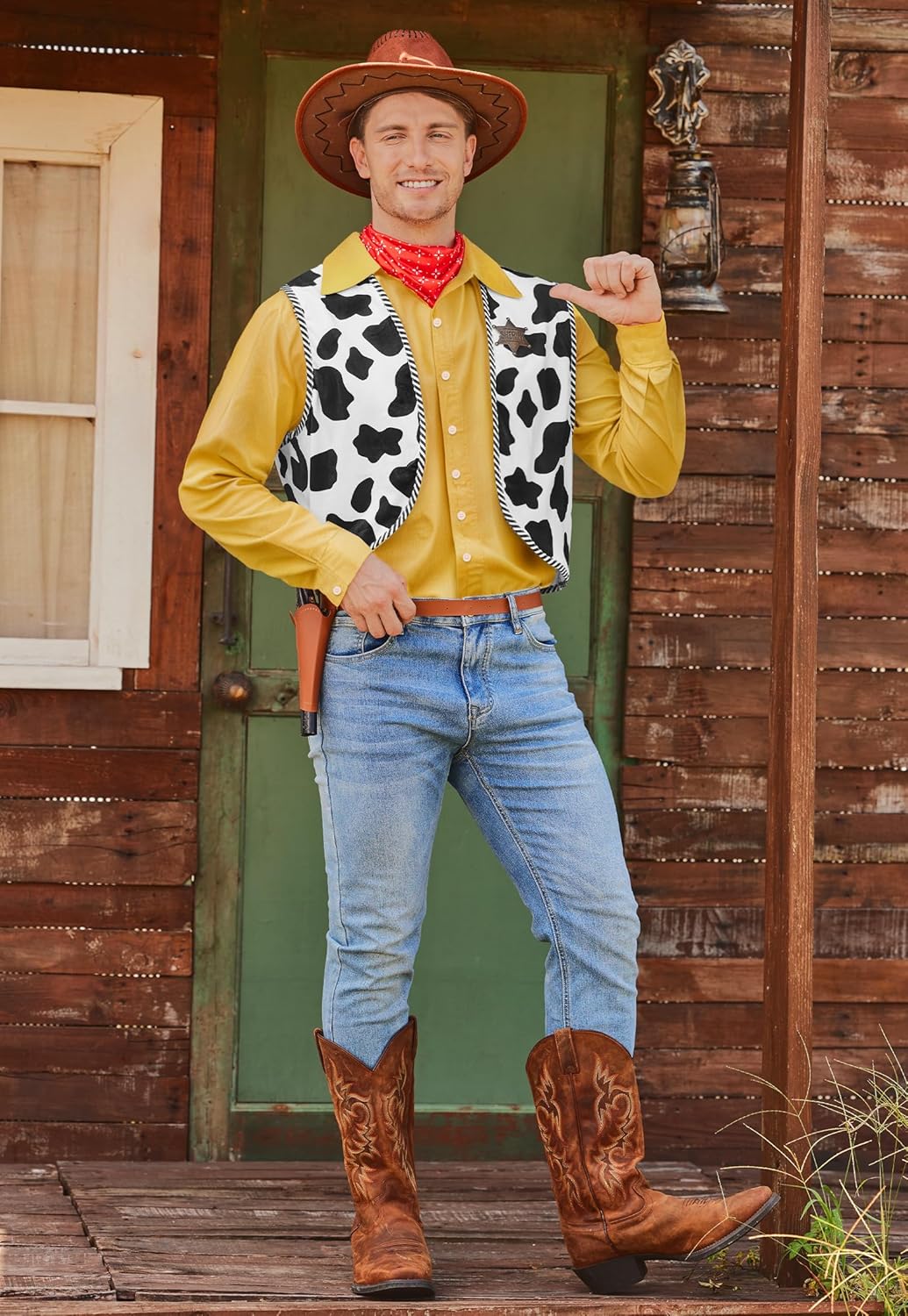 Arvilhill Men's Cow Print Vest 3 Pcs Halloween Adult Cowboy Woody Costume Outfit Vest Scarf Badge (S-3XL)