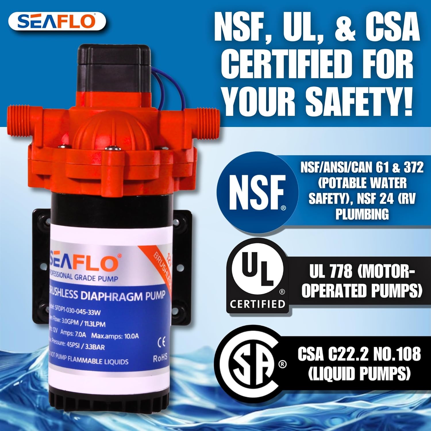 SEAFLO 33W Series pump with NSF, UL, CSA certifications