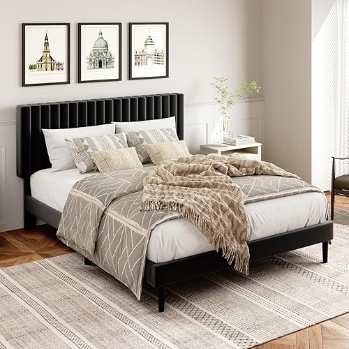 Base de cama de plataforma tamaño Queen con cabecera tapizada de terciopelo, marco de cama Queen con listones de madera fuertes, somier opcional,