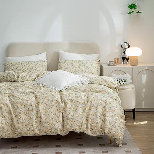 Miniatura 2 de Funda de edredón floral tamaño King, 100% algodón, juego de ropa de cama floral King de 3 piezas, estilo jardín, patrón floral amarillo, con cierre