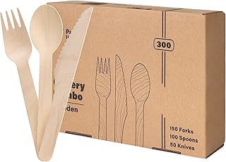 Pantry Value [300 Combo Pack] Compostable Wooden Cutlery Set, 150 Forks - 100 Spoons - 50 Knives Disposable Biodegradable Utensils for Parties, Camping, and Everyday Use - Compostable Utensils Sets