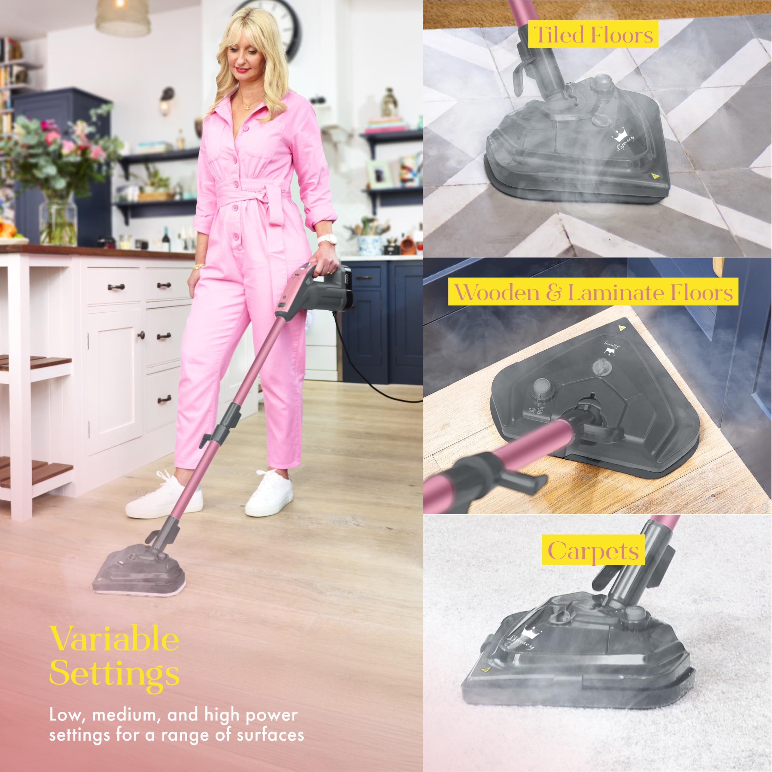 Swan SC30131QOC - Escoba de vapor (16 en 1, con 3 ajustes de vapor, 16 accesorios, función de mano extraíble y cable de alimentación de 5 m, color rosa