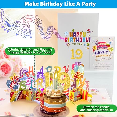 Miniatura 3 de Gumry - Tarjeta de cumpleaños 19 desplegable y musical, con vela 3D colorida que se puede soplar y sonidos de aplausos, para niños y niñas que