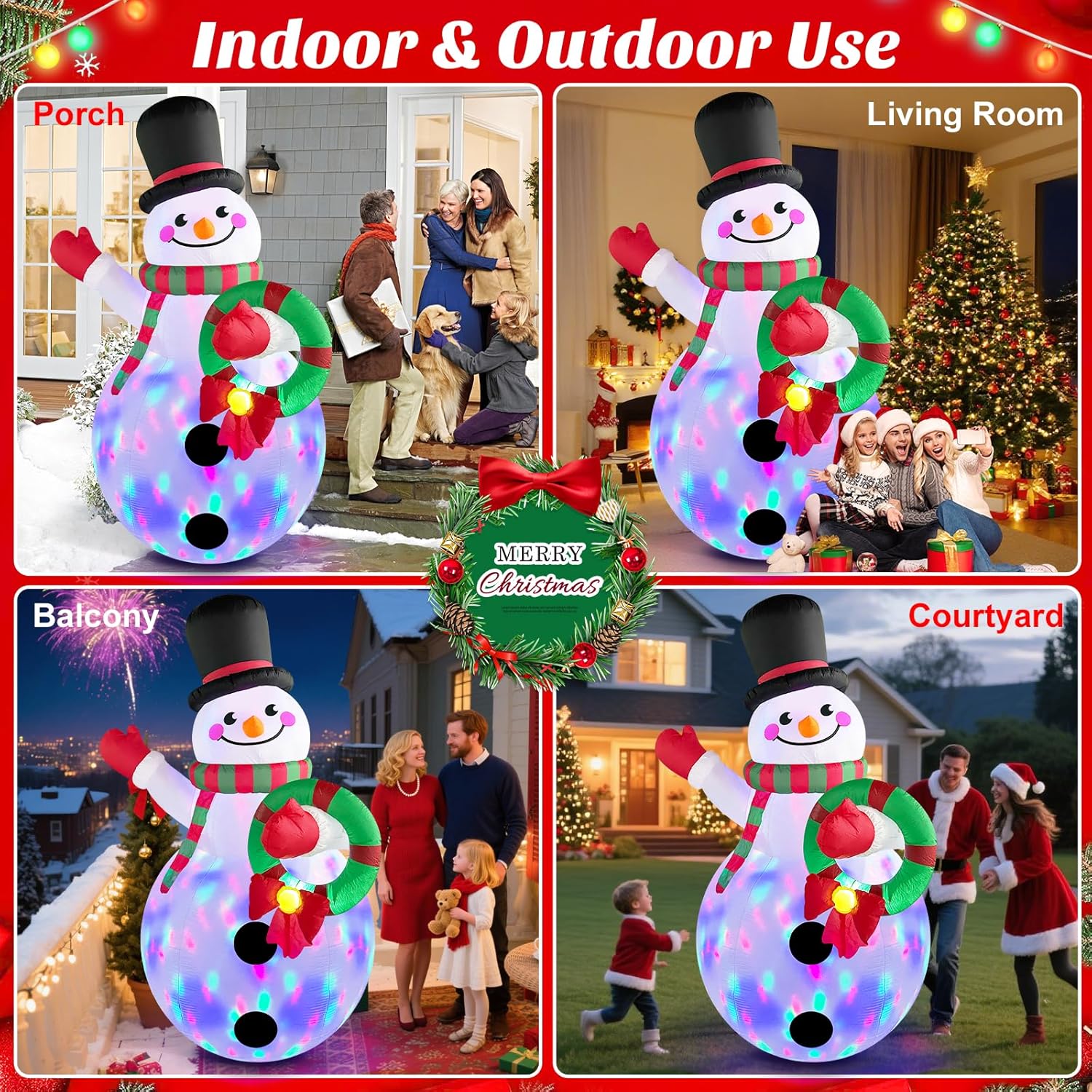 MICOCAH 8FT Christmas Inflatables Outdoor Decorations, Inflatable Snowman Holding Garland Blow Up Yard Decoration Build-in Rotating Colorful LEDs Xmas Holiday Party Indoor Lawn Christmas Eve Décor