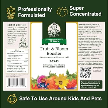 Farmers Secret Fruit & Bloom Booster Fertilizer - Super Concentrated - Boosts Flowering and Yield on All Varieties of Fruits, Vegetables and Flowers - Formulated for Late Summer & Early Fall (8oz)