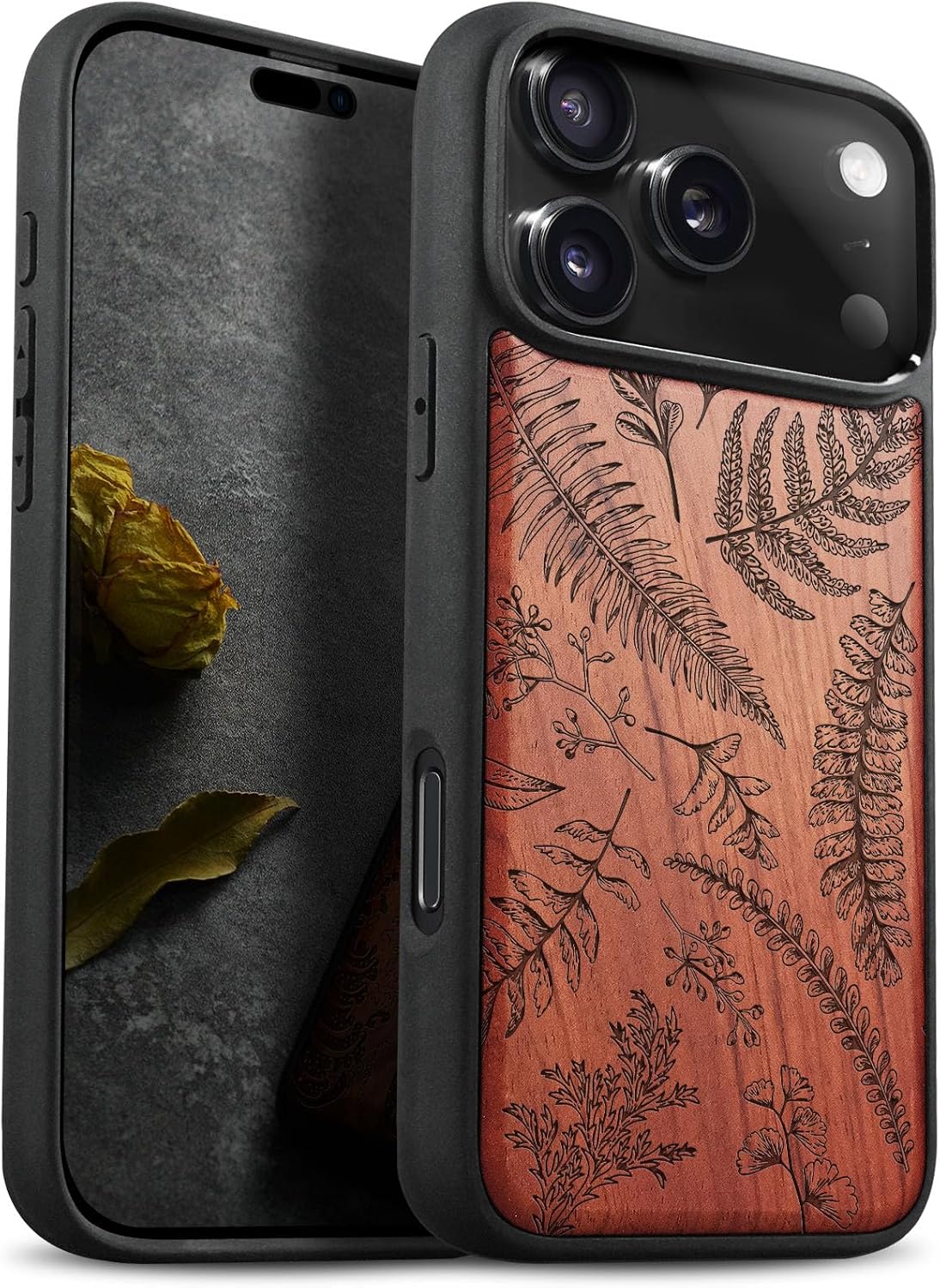 Carveit Magnetic Wooden Case for iPhone 17 Pro Case, Wood Artisan Engraved & Black Soft TPU Shockproof Cover, Compatible with MagSafe Wireless Chargers (Pirate Flag) Blackwood