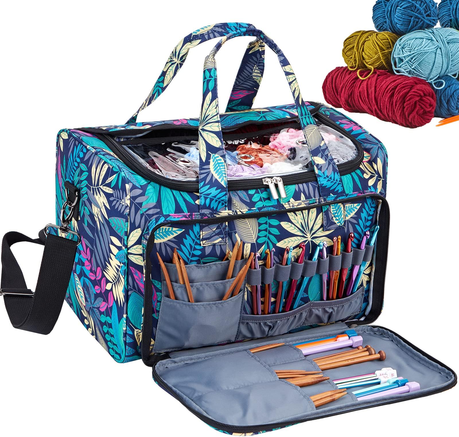 HOMEST XL Yarn Storage Bag, Large Organizer for Crochet Hooks, Needles, Woolen Skeins and Accessories, Knitting Tote with Removable Inner Dividers, Floral