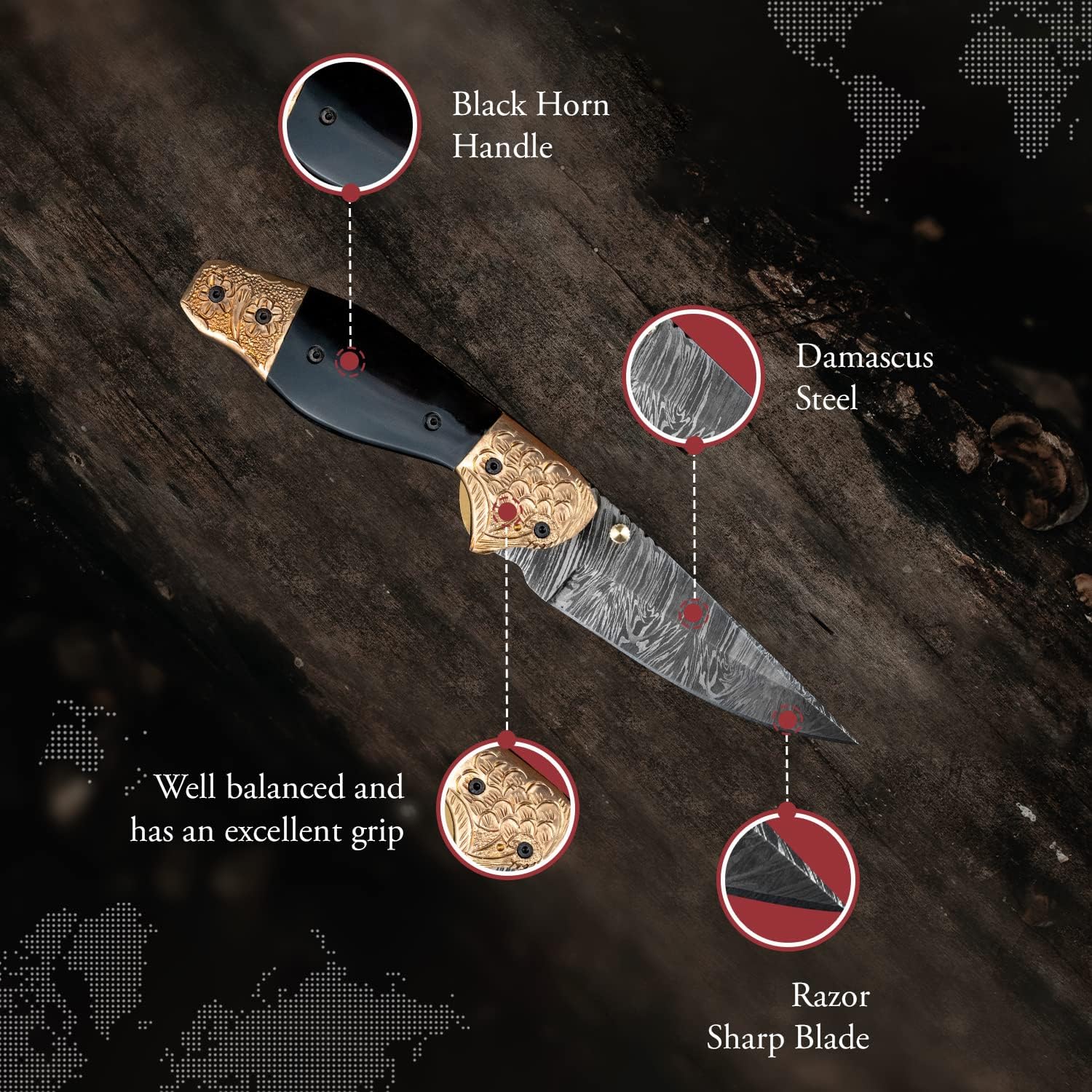 Morf Steelware Personalized Sheath Damascus Folding Pocket Knife, Damascus Hunting knife, Handmade Damascus Steel Folding knife for Camping & Hiking (Black Horn Cooper Handle)