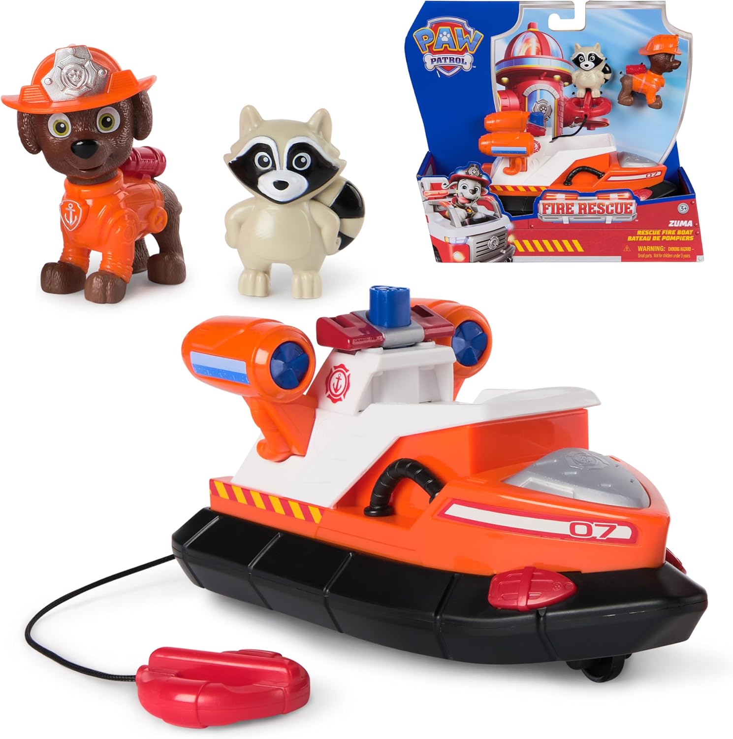 PAW PATROL Fire Rescue - Zumas Feuerwehr-Rettungsboot mit Zuma Hundefigur und Waschbärenfigur, Spielzeug für Kinder ab 3 Jahren