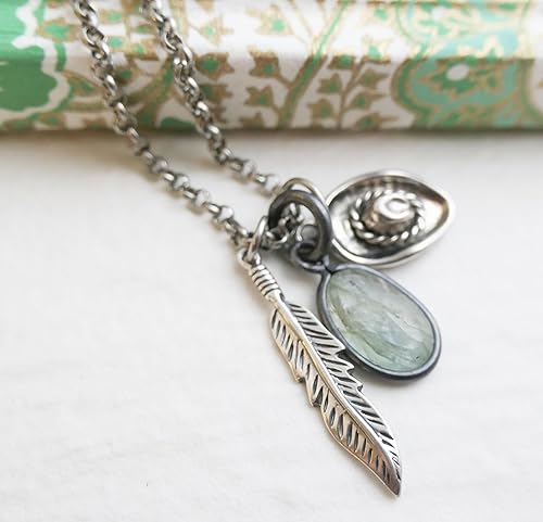 Miniatura 6 de Aquamarine Pendant Sterling Silver Necklace for Women 23 inches - Handmade Gemstone Gift Ideas for Women - Cowboy Hat Pendant and Feather 925