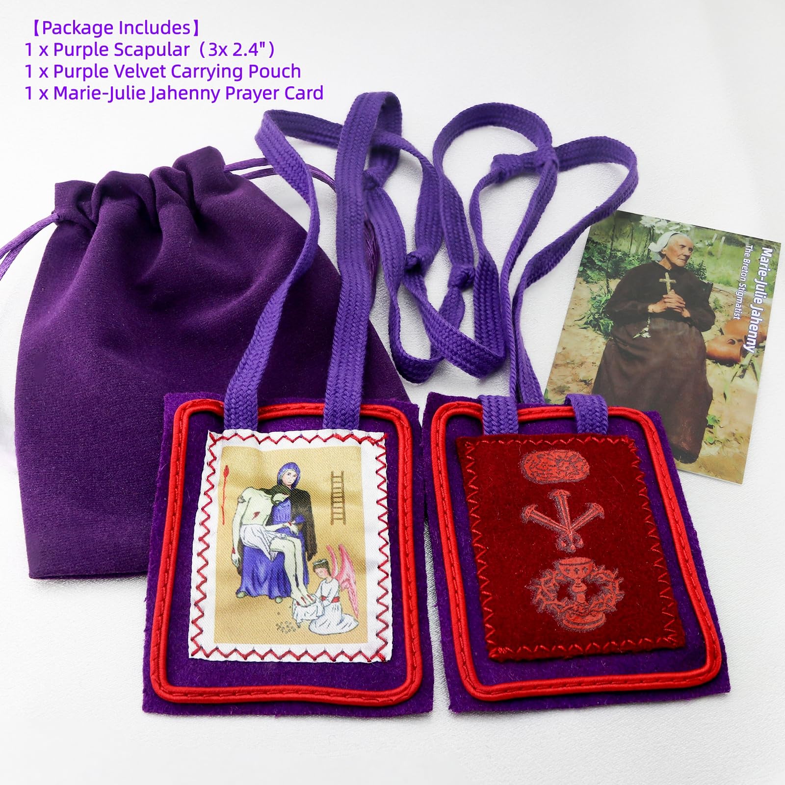 MERCILIA MEISHILAI Escapulario morado de 7,6 x 6,3 cm - Escapulario de lana Escapulario Morado de Bendición y Protección para los tiempos finales - Incluye bolsa de terciopelo morado y tarjeta de