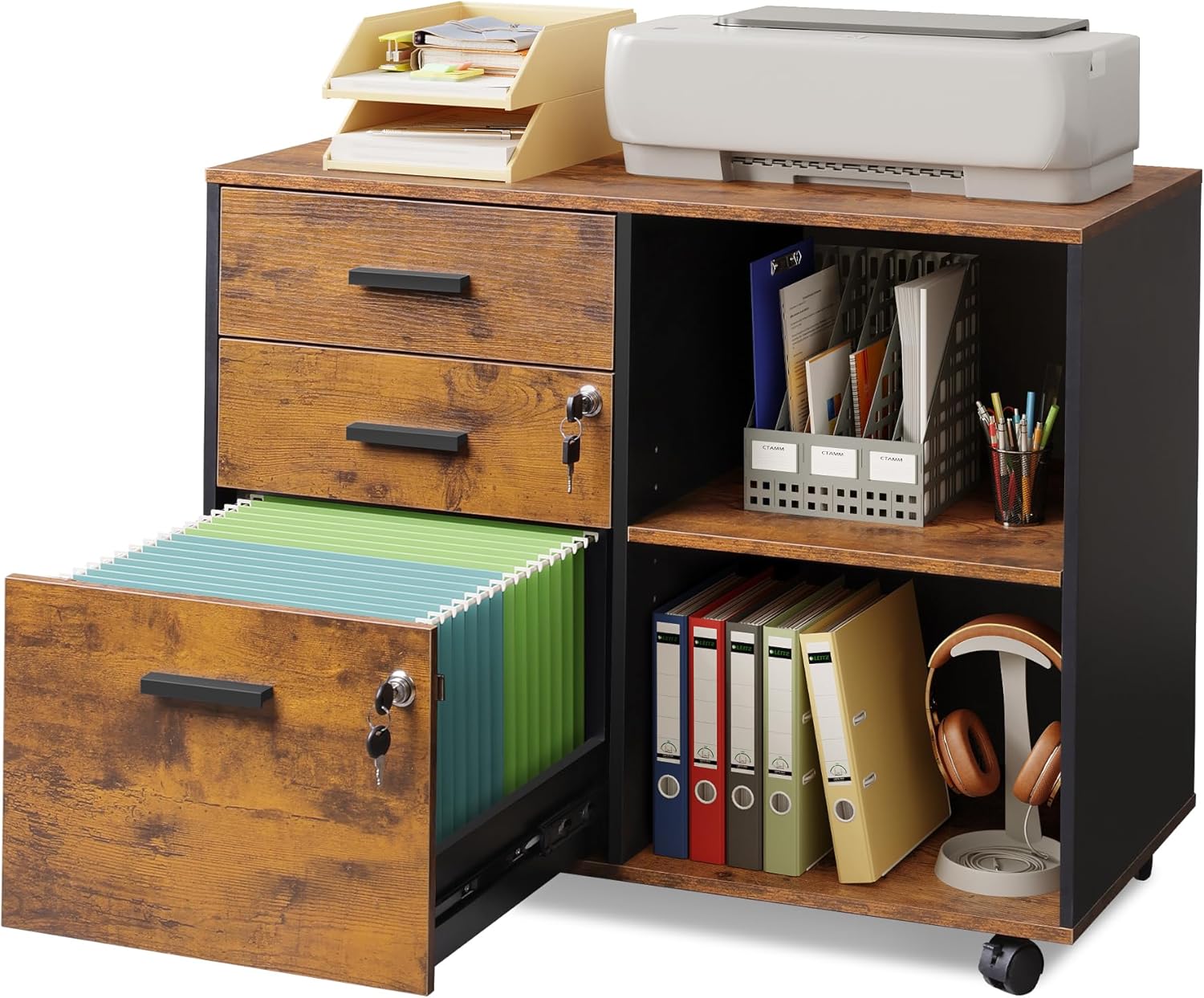 DEVAISE 3-Drawer Wood File Cabinet with Lock, Mobile Lateral Filing Cabinet, Printer Stand with Open Storage Shelves for Home Office, White