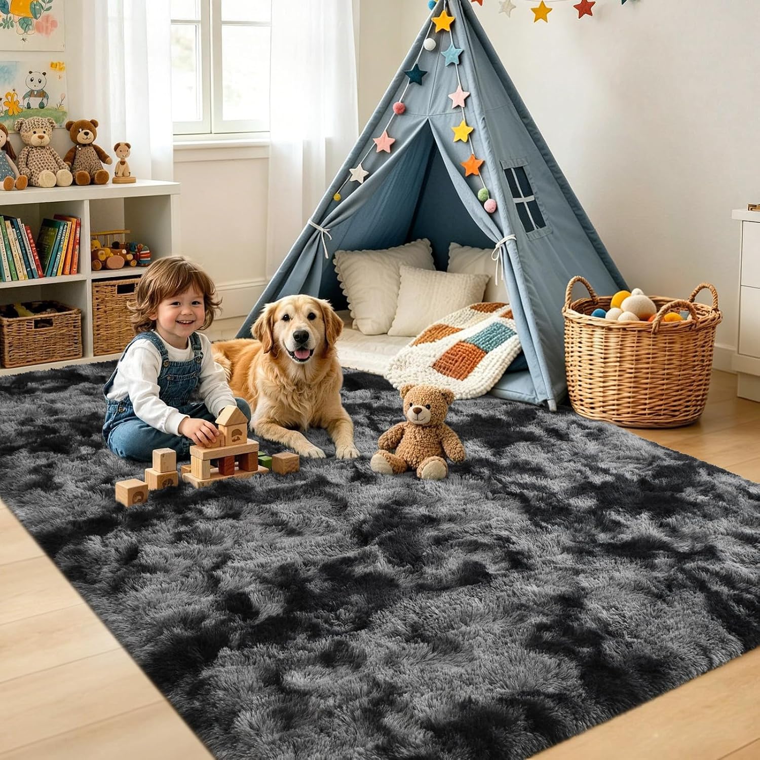 5x7 Tie-Dyed Dark Grey Fluffy Area Rug Non-Slip for Living Room Bedroom image 4