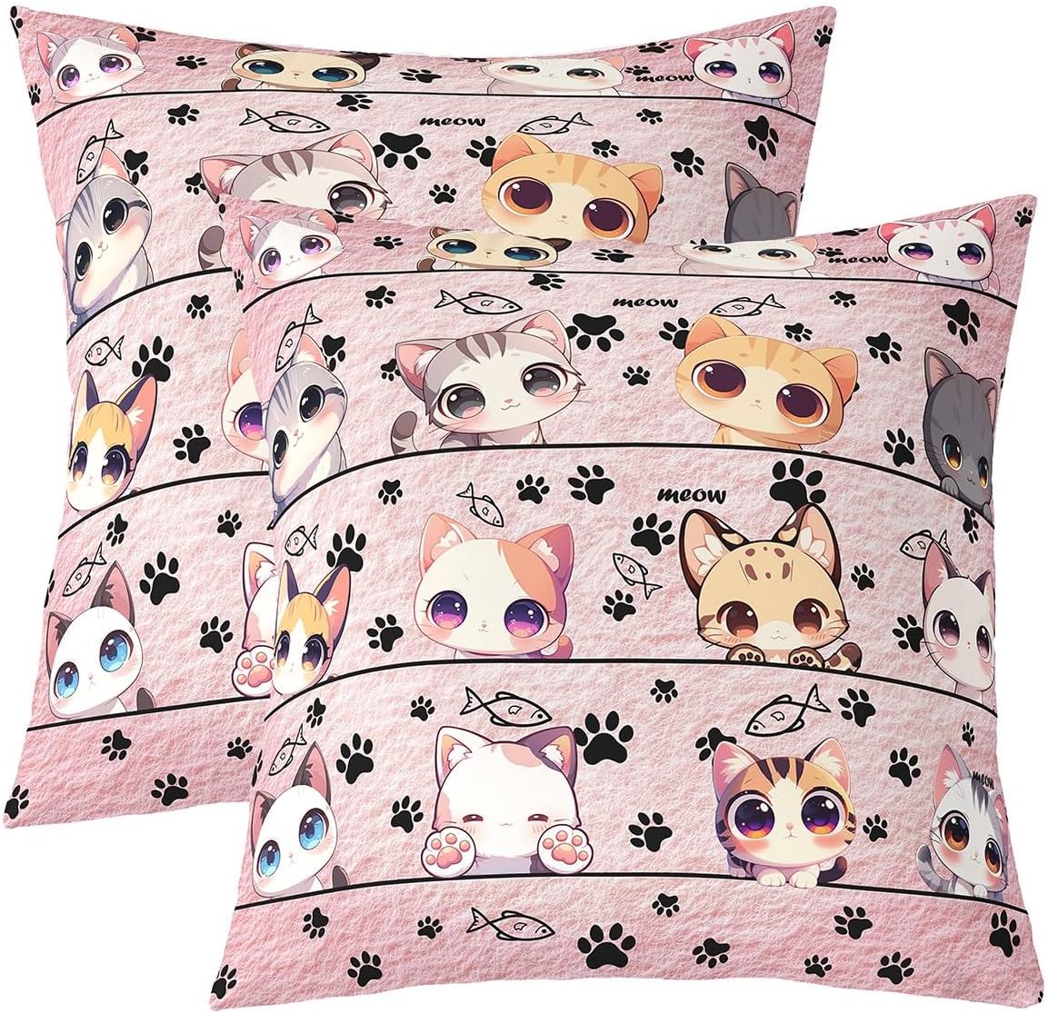 Kawaii Style Pets Lover Pillow Cover,Cute Kitten Cat Decorative Cushion Cover Reversible Print for Bed or Sofa,Cartoon Animals Couch Pillow Cover,2 Pack 24"x 24"