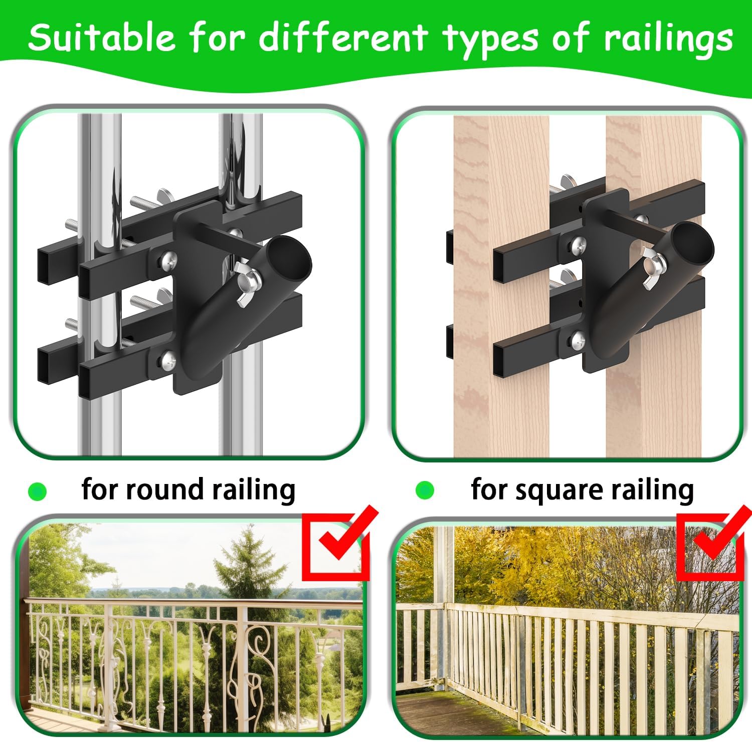 Heavy Duty No Drilling Flagpole Mount for Railing, Fence, Porch, Balcony - Metal Flagpole Holder for 1 Inch Flagpole (Black)