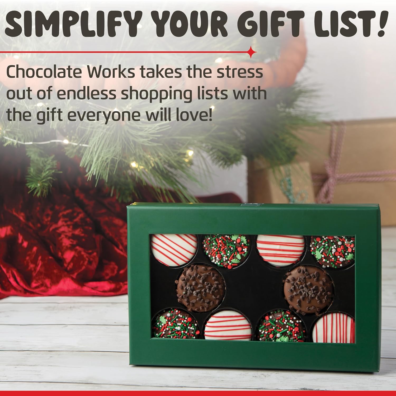 Chocolate Covered Cream Filled Cookies by Chocolate Works, 10 Gourmet Christmas Chocolate Gift Box, Milk Chocolate Coated Cookies, Holiday Gift Basket, Red or Green Gift Box