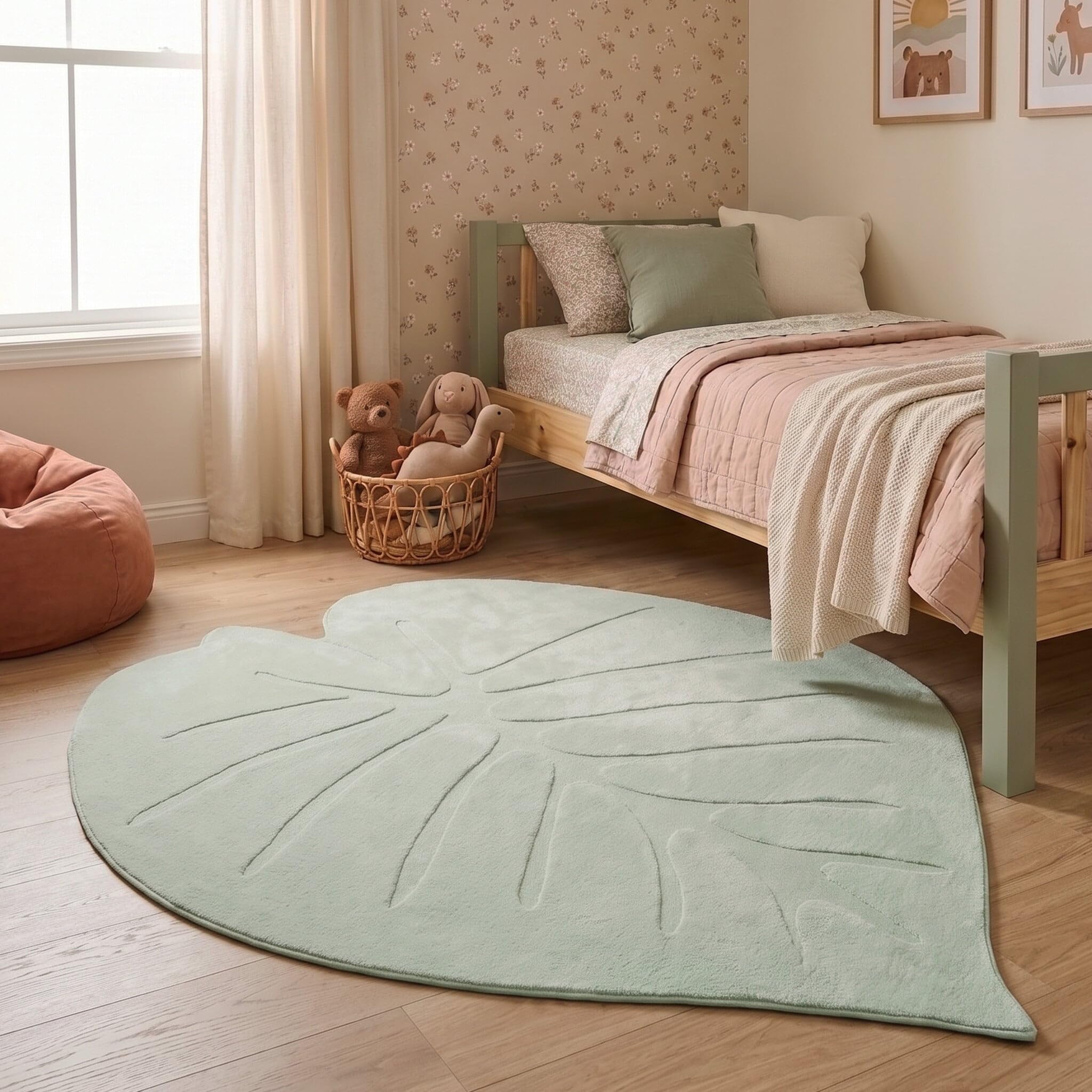 Little Olly Kinderteppich Waschbar - Coco Blatt Grün - 80x120 cm | Einfarbig - Krabbeldecke - Spielmatte - Kinderzimmer, Babyzimmer, Jugendzimmer - Jungen - Mädchen