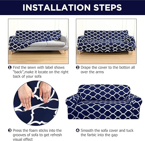Miniatura 4 de Peryiter Juego de 3 fundas de sofá para sala de estar, fundas para sofá y sofás, funda protectora de muebles, ajuste elástico, sin arrugas (azul