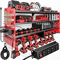 POKIPO Power Tool Organizer Wall Mount with Charging Station - 600lbs Heavy Duty 4-Tier Shelf, 8 Drill Holders, 4-Outlet Power Strip