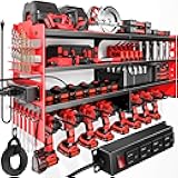 Large Power Tool Organizer Wall Mount with Charging Station,4 Layer Heavy Duty Metal Tool Storage Shelf Loads 600lbs,Battery Utility Rack With 4 Outlet Power Strip with 8 Cordless Drill Holder