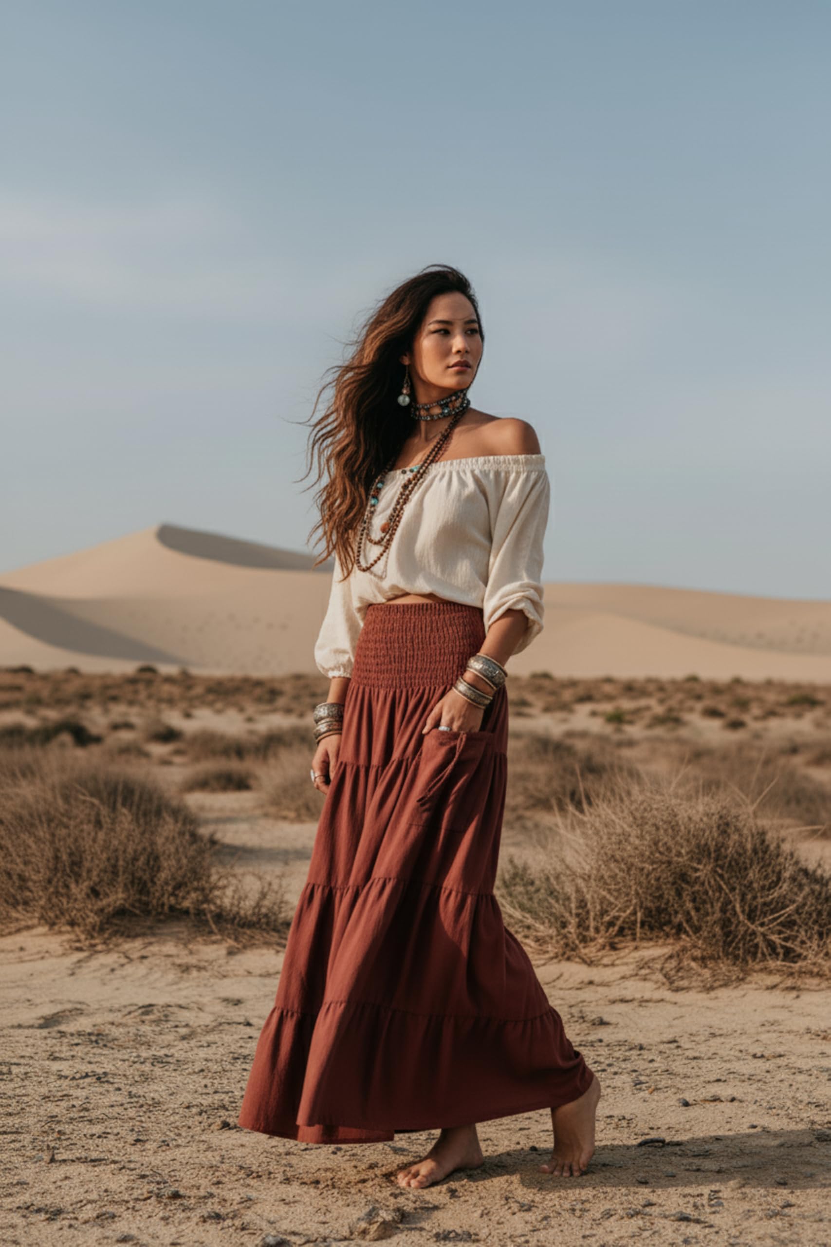 Thaluta Maxi-Boho-Rock, lange Taschen, Baumwolle, Hippie, Bohemian-Stil, elastische Taille, Zigeuner-Rock