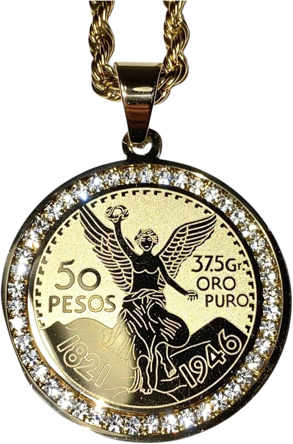 Mexican 50 Pesos Coin Centenario Pendant Necklace – Men & Women 14k Gold Finish, Iced Out Moneda Medallion, 925 Italy Stainless Steel, 2.5mm Rope Chain