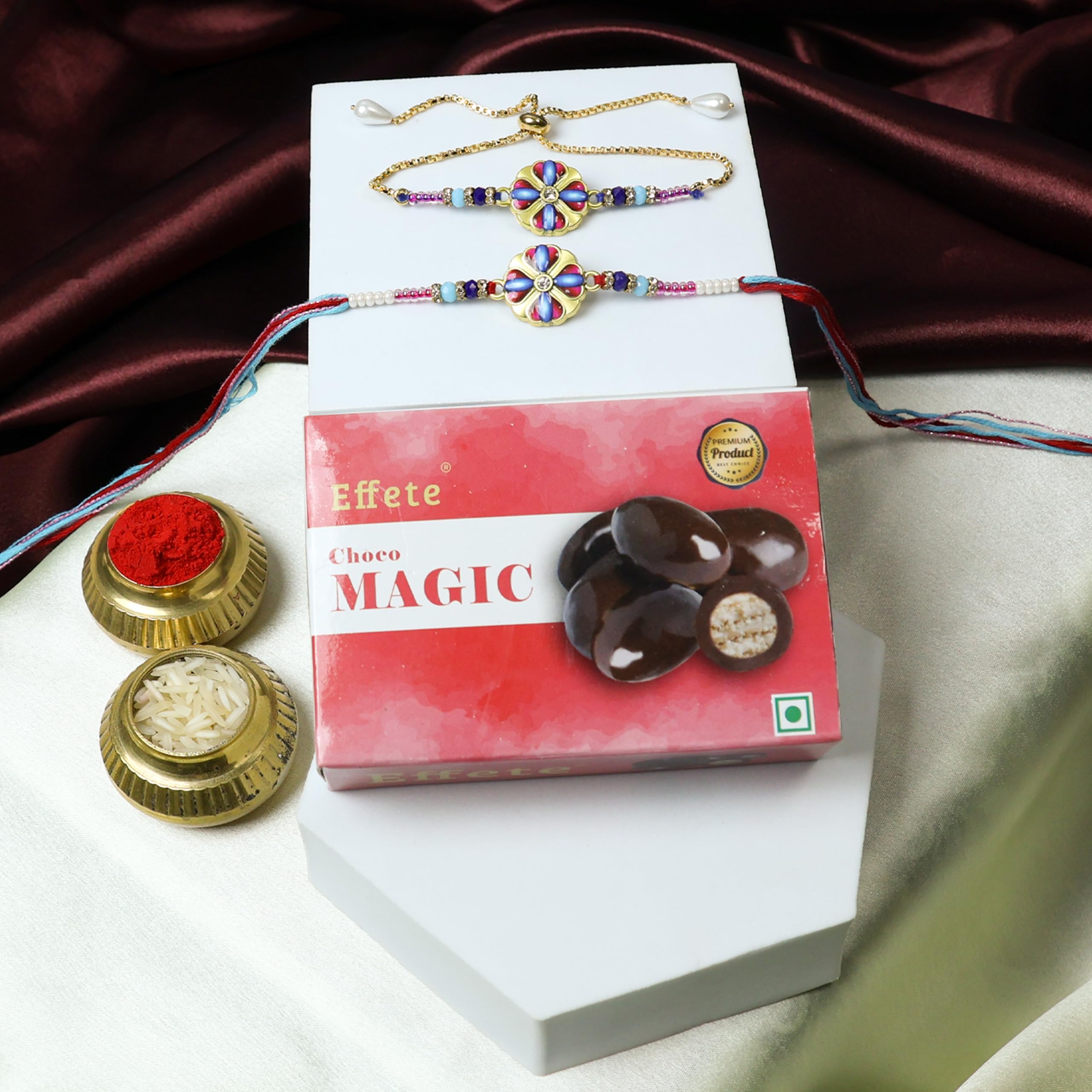 Garth Chocolate with Rakhi Set for Bhai and Bhabhi – Round Shape Colorful Rakhi for Bhai 1 Pc and Lumba for Bhabhi 1 Pc with Choco Magic (32 GM) – Silver Color Pooja Coin and Greeting Card Combo-image-20