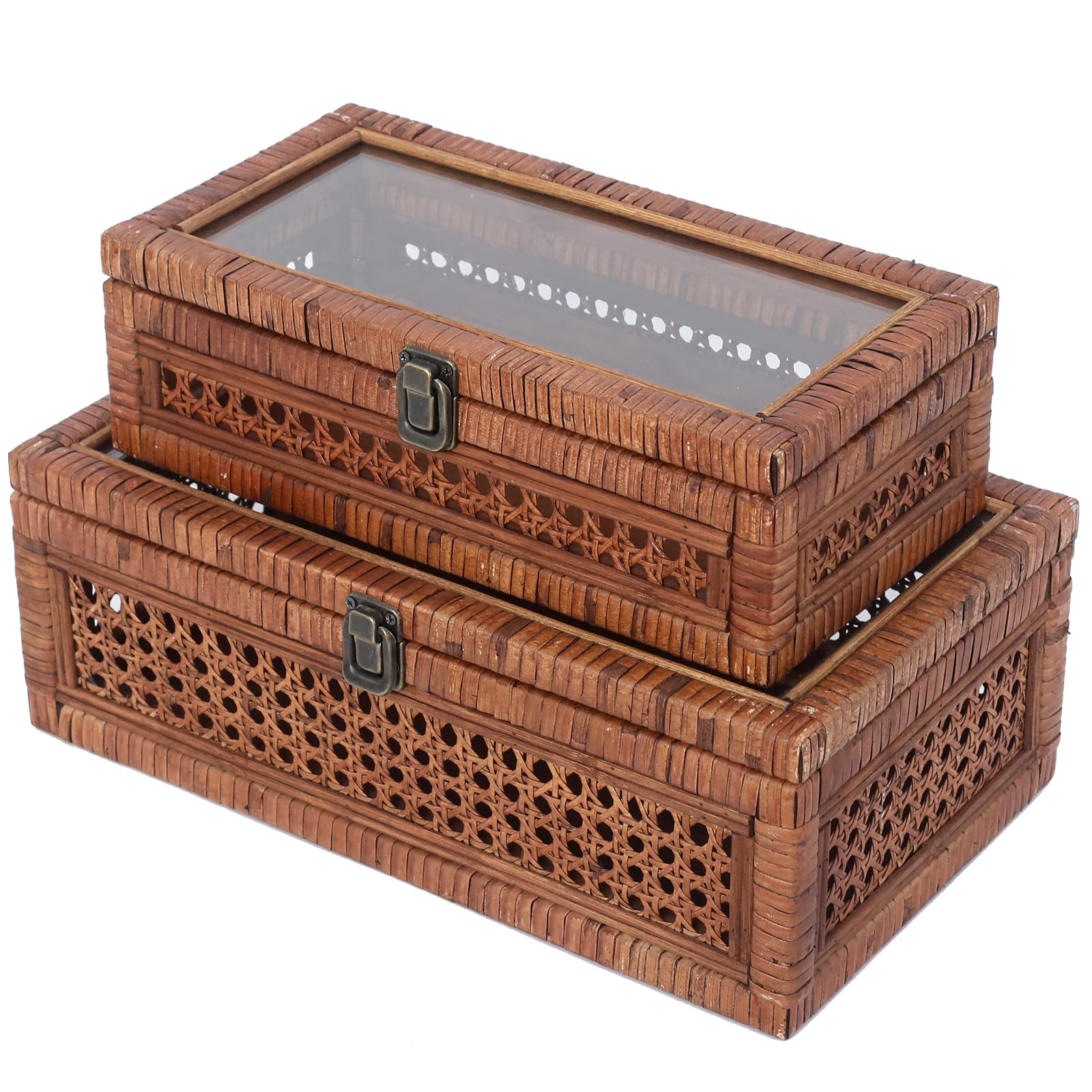 Rattan and Cane Stacking Boxes with Glass Top Lid - Set of 2 11.8" and 14.1", for Boho and Rustic Farmhouse Decor, Brown